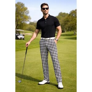 Loudmouth Golf Pants Mens 34x30 Black White Houndstooth Stretch Cotton Trousers